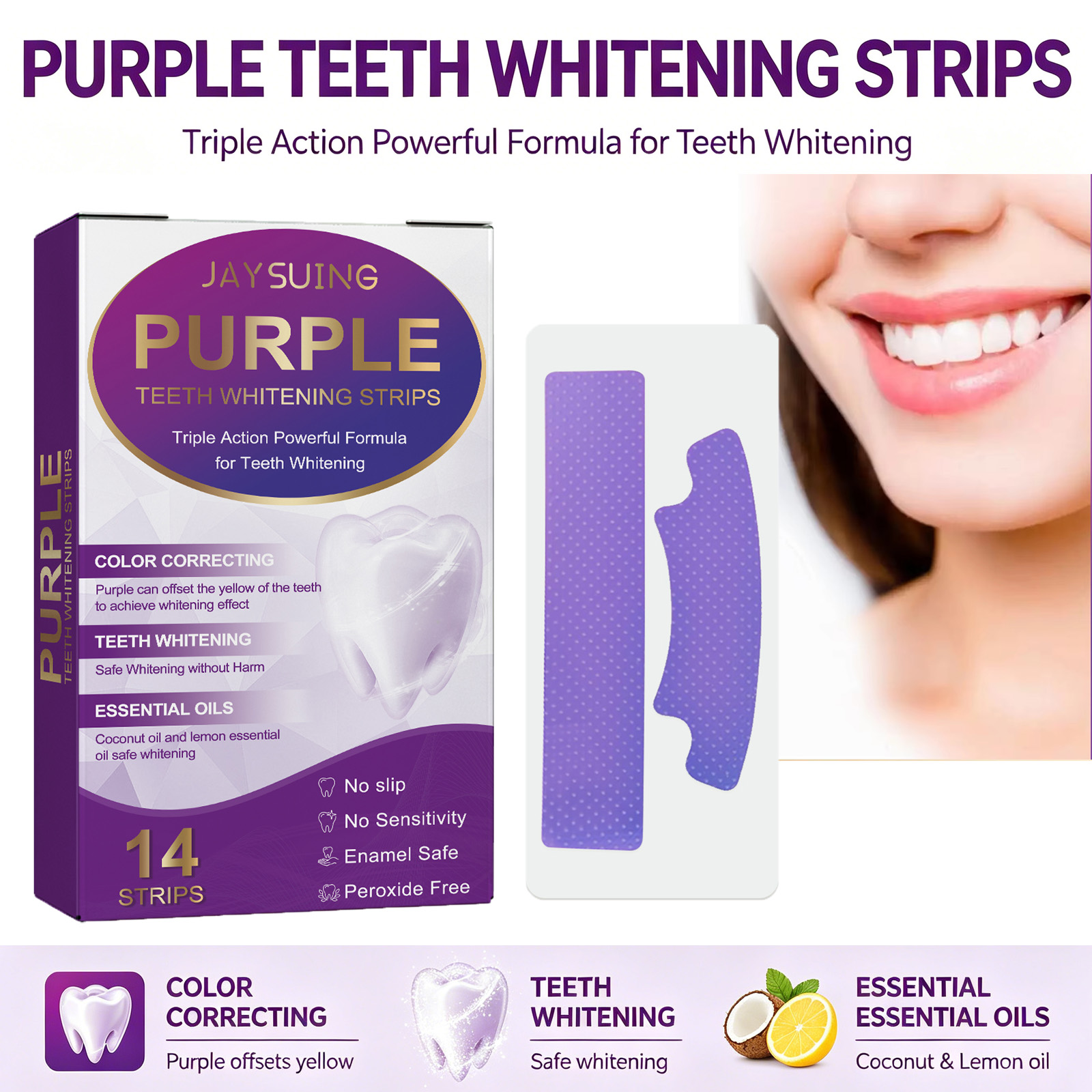 Teeth Whitening With Coconut Oil - Lila Zahnaufhellungsstreifen zur Entfernung von Zahnverfärbungen,